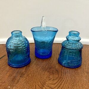 VTG Wheaton Blue Glass Lot Bottles Old Docs Corn Cape May Bitters Crackle Basket